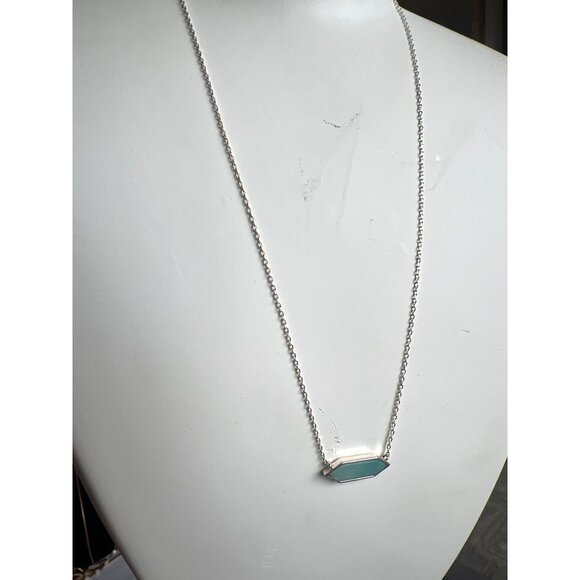 Vintage Silver Necklace Sea Foam Green Gem Stone 18” Boho Minimalist Futuristic - Picture 2 of 10